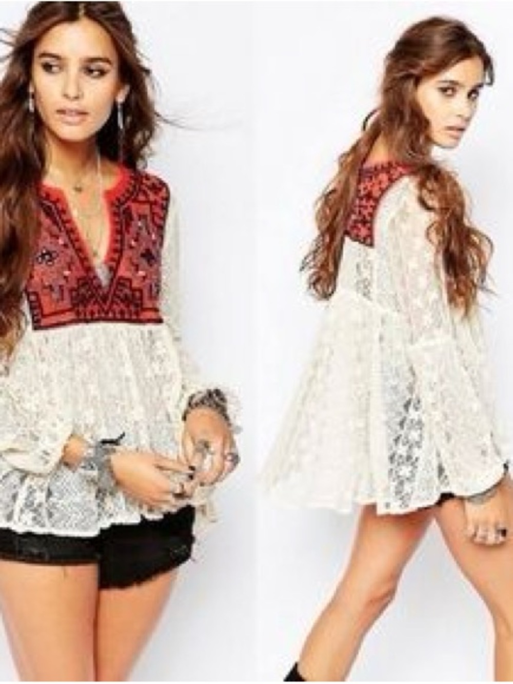 Free people Casablanca embroidered lace peasant blouse with rust yoke sheer Boho